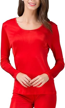 Womens Silk Thermal Underwear Top Mulberry Silk Scoop Neck Baselayer Shirt Long Sleeve Undershirt Slim Lightweight Blouse