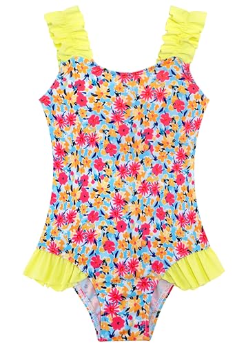 XiaoMoSha Girls One Piece Swimsuits Ruffled Straps Bathing Suit Cute Floral Printed Swimsuit UPF 50+ Quick Dry Swimwear Hawaii Summer Beach Wear for Kids Swimming Suits YellowFloral 4t 5t