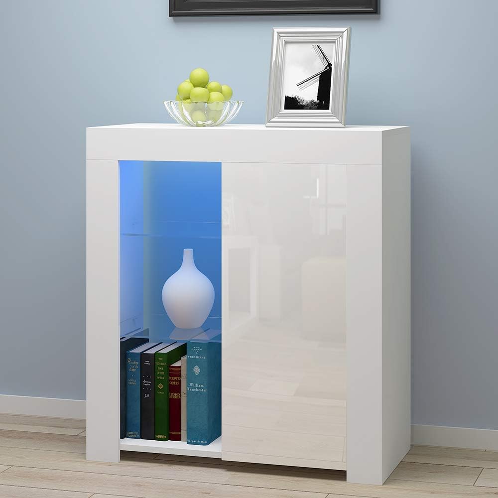 Panana Sideboard Modern Cabinet Matt Body and High Gloss Fronts Sideboard 16colors LED Lighted WxHxL 35x83x75cm (White)