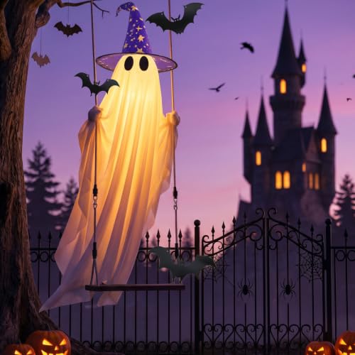 5' Sehloran Hanging Swinging Halloween Ghost w/ Bats & Witch Hat - image 3