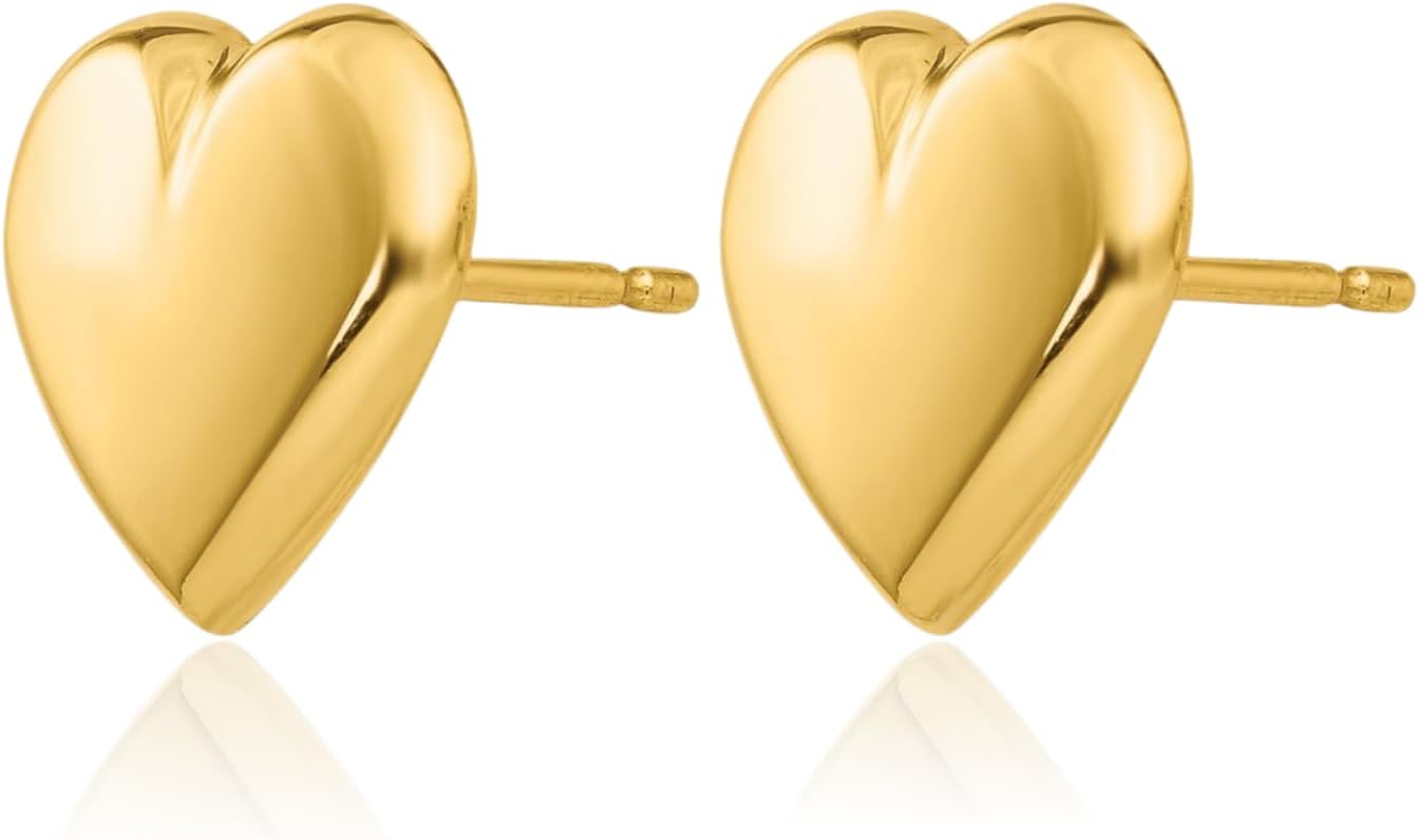 14K Yellow Gold Heart Stud Earrings Polished Hollow Small Button Design Push Back for Women Gift Fine Jewelry - Image 3