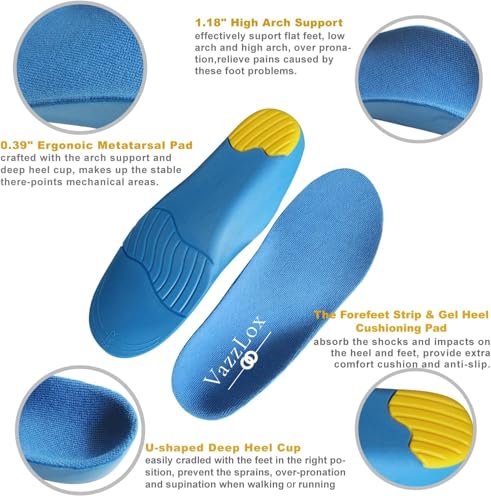 Image of VazzLox Orthotic Arch Support Shoe Insoles, Children Pu Cushioning Inserts, Shock Absorption Velvet Surfaces Deep Heel Cup Inner Sole for Flat Feet, Plantar Fasciitis, Feet Heel Pain Relief