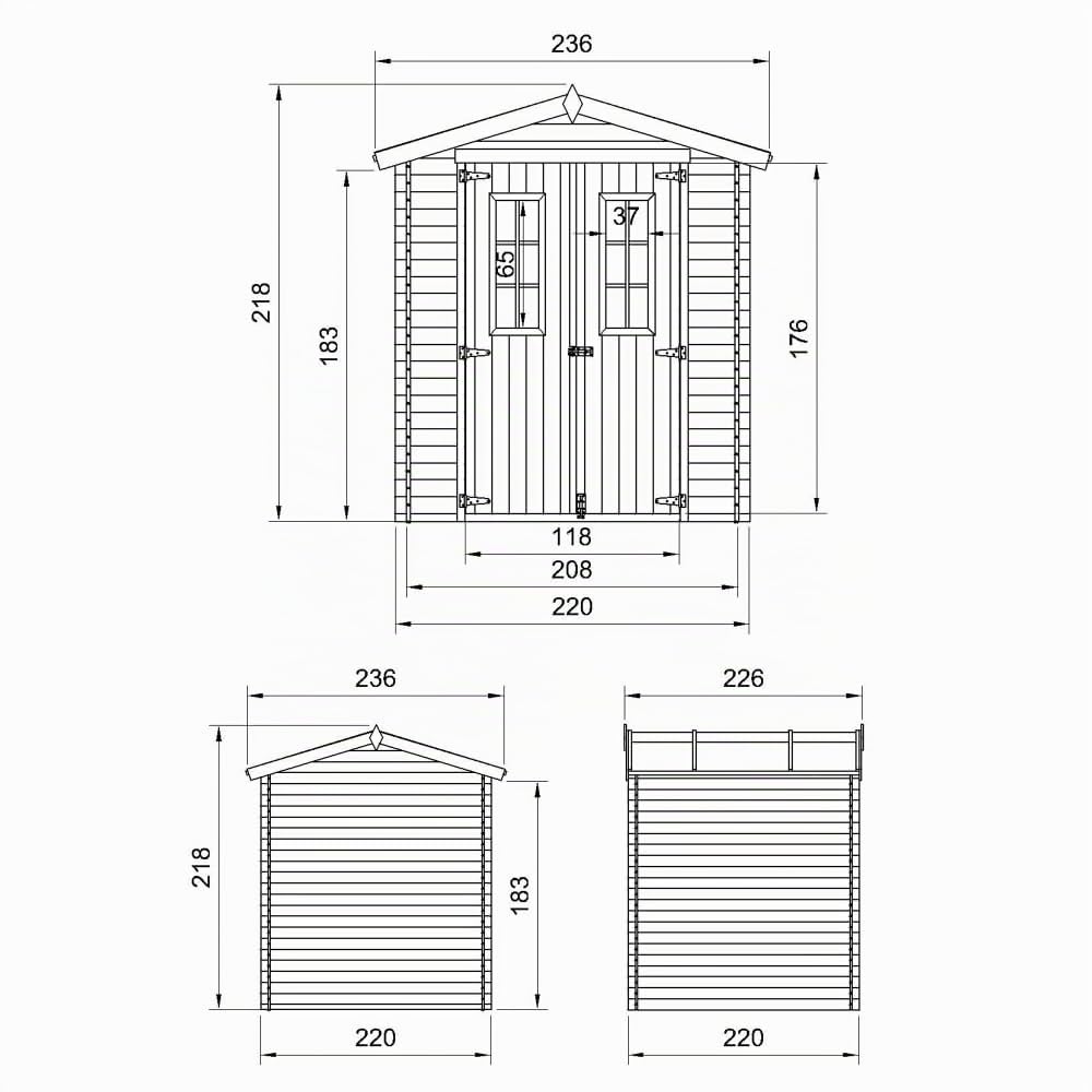 Cobertizo de Madera para jardín con Suelo TRATADO - 226x236cm/4.33 m² Cobertizo de Madera Natural - Taller de Jardín - Bicicleta, Almacenamiento de Herramientas TIMBELA M369C+M369G