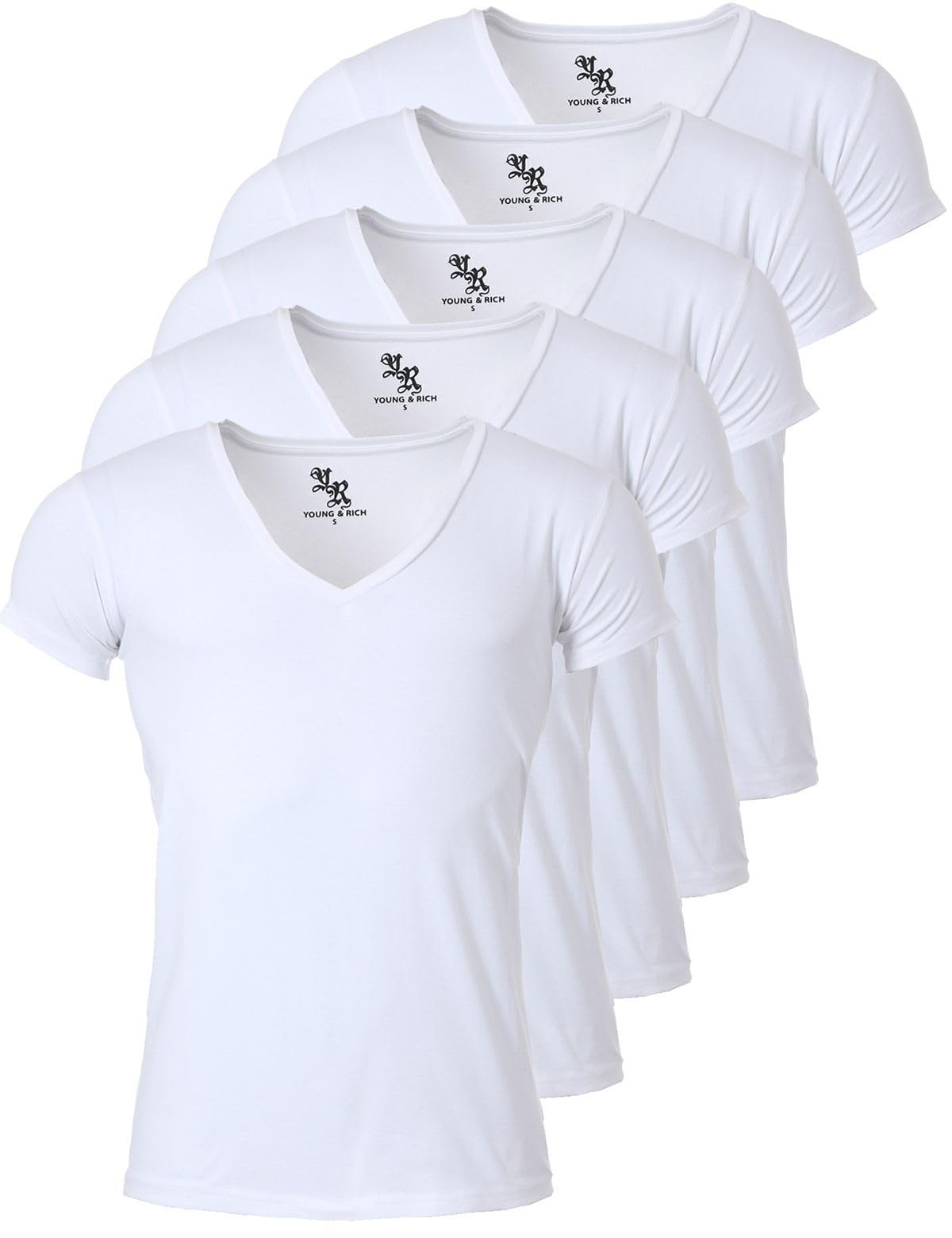 Young & Rich Herren Uni T-Shirt mit extra tiefem V-Ausschnitt Slimfit Stretch Dehnbare Passform einfarbiges Basic Shirt - 5er Pack