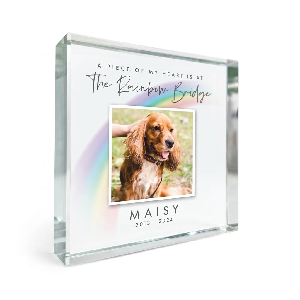 Personalised Pet Memorial Rainbow Bridge Photo Crystal Token - Custom Message & Image | Sympathy Gift for Pet Loss | 9x9x2cm