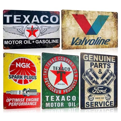Lot de 5 Garage Plaque Metal Vintage Decoration - Atelier Panneau Pancarte Deco Murale - Retro Américaine Voiture Gas Station Cave Publicitaire 20x30cm (SET B)