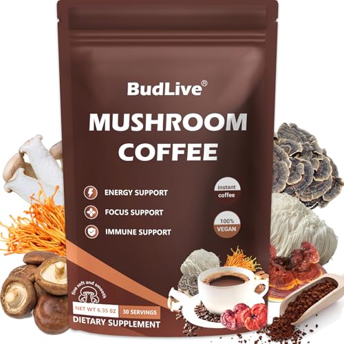 BudLive Mushroom Coffee with Lion's Mane, Reishi & Cordyceps – 6 Mushroom Adaptogen Blend for Focus, Energy, Digestion & Immune Support, Low Acid Instant Coffee Powder, 30 Servings