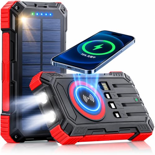 モバイルバッテリー 大容量 31200mAh 急速充電 ソーラーチャージャー ケーブル内蔵 レッド