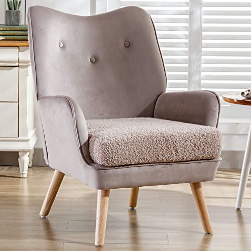 Vescasa Velvet Tufted Accent Chair With Wood Legs, Modern Wingback Armchair With Sherpa Padded Seat Cushion For Living Room/Bedroom/Reading, Light Grey #TOP28