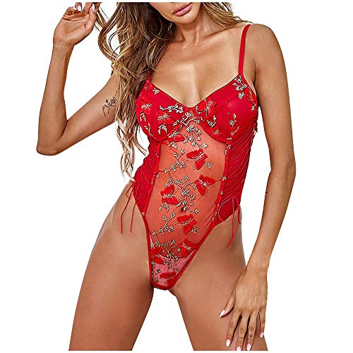 Dentelle en maille transparente pour ce body brodé rouge M aux finitions délicates