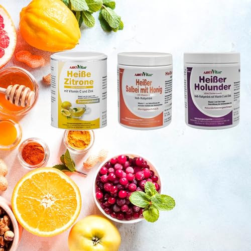 AMOSVITAL Heißer Holunder - Vitamin C und Zink zur Unterstützung der normalen Funktion des Immunsystems - 30 Protionen - der Umwelt zu Liebe in der Dose mit Messlöffel - vegan (1)