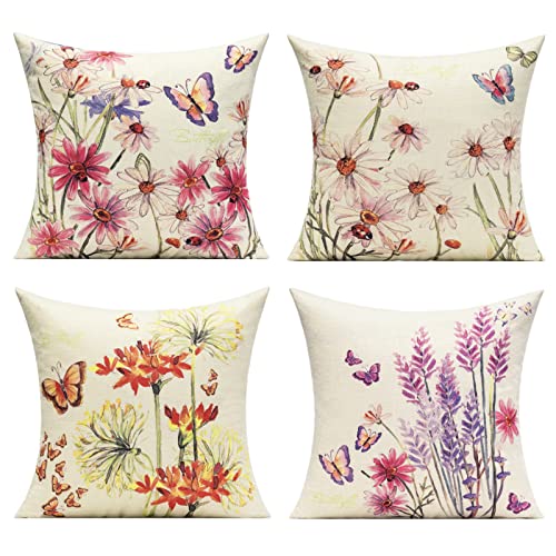 Wokani Outdoor Throw Pillow Covers 18X18 Set Of 4 Spring Summer Decorative Cushion Cases Garden Decorations Home Bed Decor For Patio Bench Couch Sofa,Butterfly Flower Floral Ladybug Lavender #TOP13