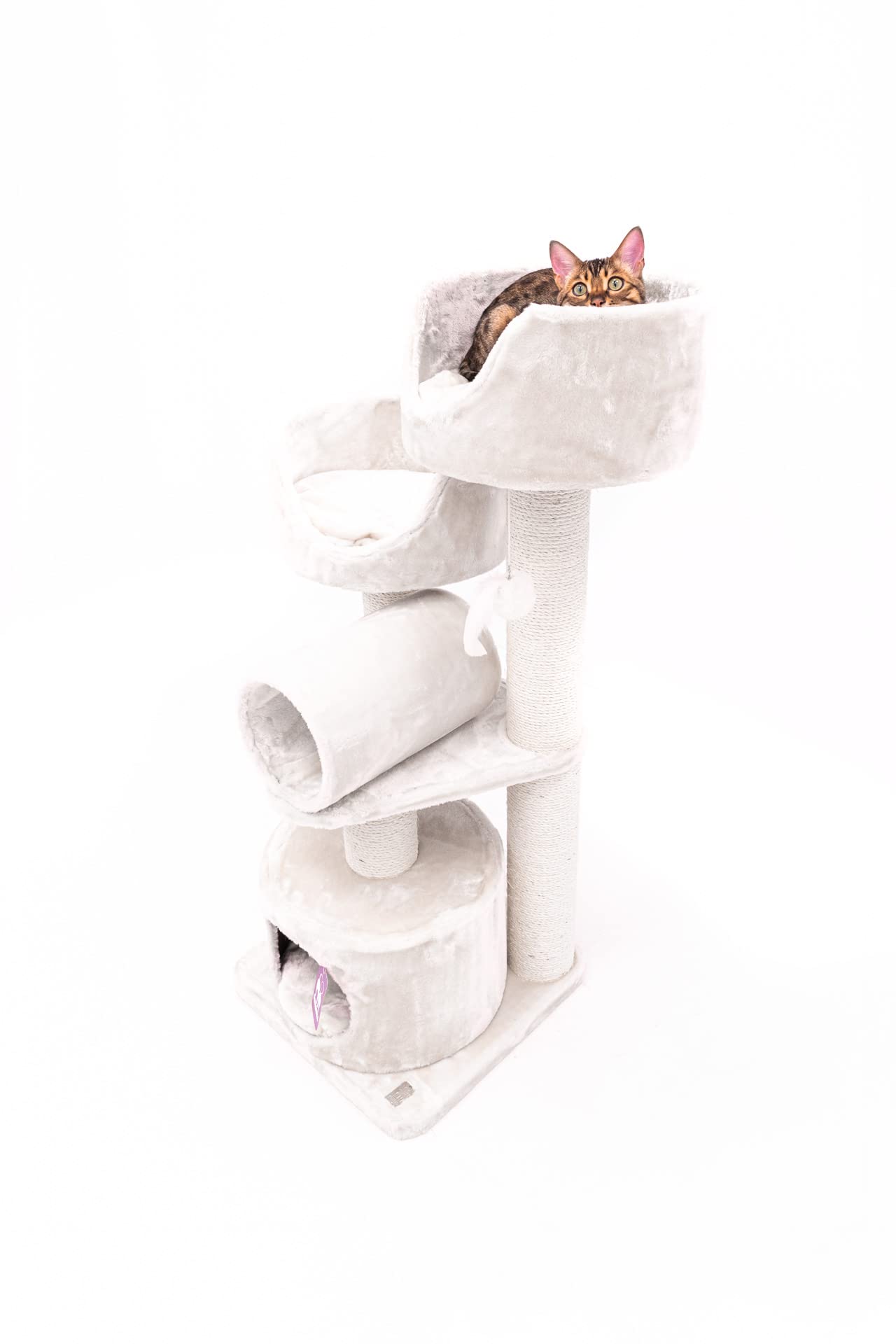 Petrebels Kratzbaum Platzsparend Victoria 125, auch ideal für senioren Katzen, Katzenbaum mit Sisal-Kratzstämmen 12 cm, Höhle, Liegemulden & Spieltunnel, Stabiler Katzenkratzbaum in Creme