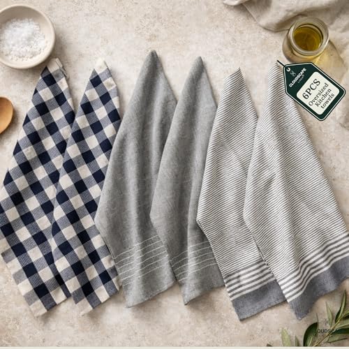 CLOUDSCAPE Kitchen Towels Set of 6 : Cotton-Blended Dish Cloths, Waffle Weave Quick-Drying Dish Towels for Kitchen Essentials, Highly Absorbent, Durable 18”x28” Hand Towels with Hanging Loop -Indigo