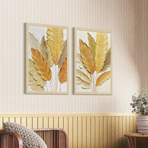 Image of ArtX Paper Leaf Paintings For Living Room, Bedroom, Natural Wood Color Frames, Multicolor, 12.0 x 18.0 inch, Set of 2