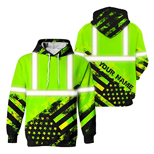 HiVis Custom Safety Hoodie Green American Flag Customize Name High Visibility Hoodie for Men Reflective Workwear for Runners, Walkers, Trucker, Operator, Patriotic-3XL