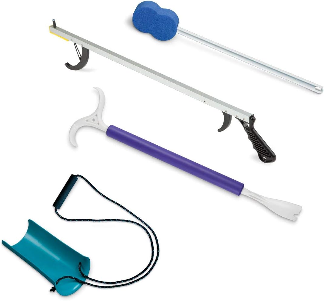 4-Piece Norco Hip Kit for Total Hip Replacement, Knee Recovery. Post Surgery Dressing Assist Tools - 26" Grabber Reacher Tool, Dressing Pal Stick, Molded Sock Aid, Long Handle Shoe Horn, Bath Sponge