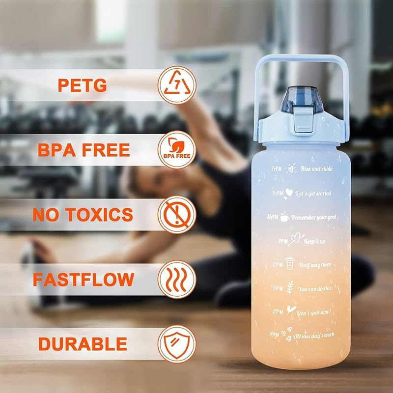 Image of MOTIVATIONAL 3-Pcs (2000ML-900ML-300ML) Water Bottle with Straw & Time Marker | Leak-Proof Sports Bottle for Gym, Office, School | Break-Resistant Silicone Bottle for Daily Hydration (Blue)