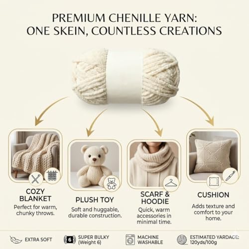 Image of Soft Chenille Yarn 100 gm Soft Velvet Wool Oon for Crochet Knitting DIY Craft Multipurpose Yarn Ball for Blanket Scarf Cushion Making (Purple) (Cream)