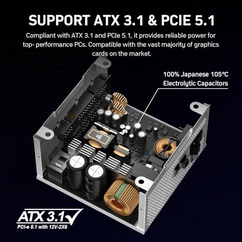 Image of 1000W Fully Modular Power Supply, 80+ Gold PSU, ATX 3.1 & PCIe 5.1 Ready, Native Dual-Color 12V-2x6 Cable, RGB Low-Noise Smart Fan, 105C-Rated Capacitors, White