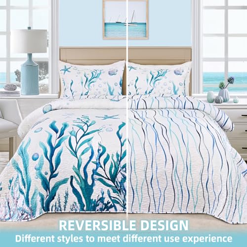 Invoibler Coastal Quilt Queen Size Beach Quilt Bedding Set 3 Piece Reversible Summer Ocean Bedspread Coverlet Soft Lightweight Microfiber Bed Cover for All Season (1 Quilt, 2 Pillow Shams) - Image 3