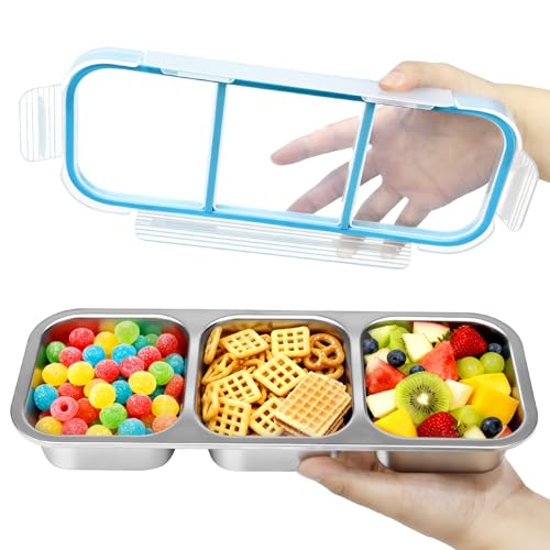 FRUIID Snack Containers, Stainless Steel Snackle Box Leakproof 3-Compartment Bento Box with Airtight Lids, Reusable Food Storage Container for Lunch, Travel, Picnics, and Office