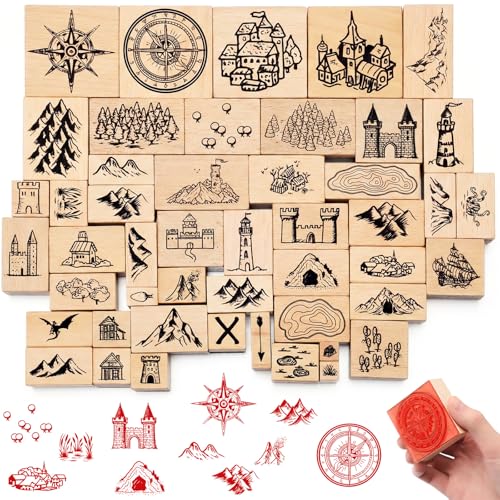 Marspark 48 Pcs Map Making Stamp Kit Compass Mountains Vintage Rubber Stamp Kit Compass Outdoor Scenery Stamps for RPG Adventures Storytelling Creative Projects DIY Crafts Scrap Booking Supplies