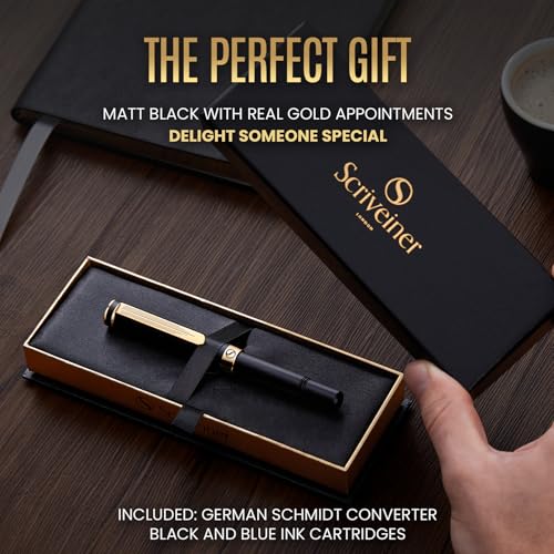 Scriveiner Luxury EDC Fountain Pen (Medium), Stunning Black Pocket Pen, Real Gold Plating, Bundle with Fountain Pen Ink Cartridges - Black & Blue - 20 Standard International each box, Made in UK