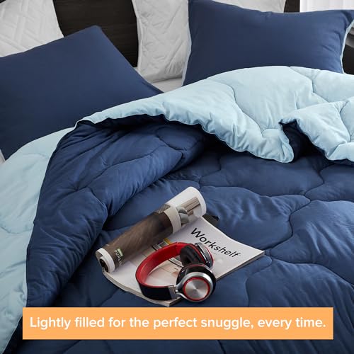 Image of Comfort Spaces Queen Comforter Set Vibrant Reversible Comforters Queen Size Quilted Bedding Set, All Season Lightweight Bedding, Soft Microfiber Comforter, Vixie, Navy /Light Blue Full /Queen 3 Piece