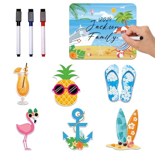 JoyAura Family Cruise Door Decorations - 7 Pcs Funny Ship Door Magnets 3 Pcs Erasable Pens for Summer Beach Cabin Magnet Stickers and Holiday Party with Tropical Hawaii Flamingo Pineapple Designs