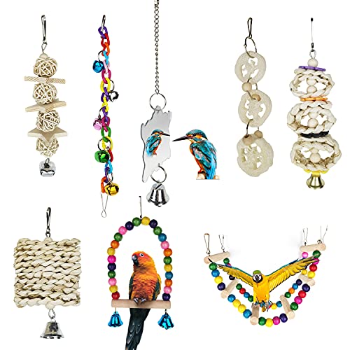 Murlancra Vogelspielzeug Bunte Vögel Spielzeug Papageienspielzeug Kauspielzeug Vogelkäfig Zubehör Vogelschaukel mit Glocken 8 Stück für Papagei Papageien Cover