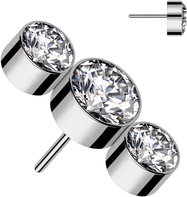 F136 Implant Grade Titanium Threadless Push In 3 Round Bezel Set CZ Top for Threadless Posts