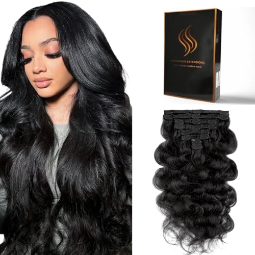 Tandulo Clip in Hair Extensions Real Human Hair Body Wave 1B Natural Black Clip in 100% Brazilian Remy Human Hair Extensions 8pcs Per Set with 18 Clips Double Weft 16 Inch 90g/3.6oz
