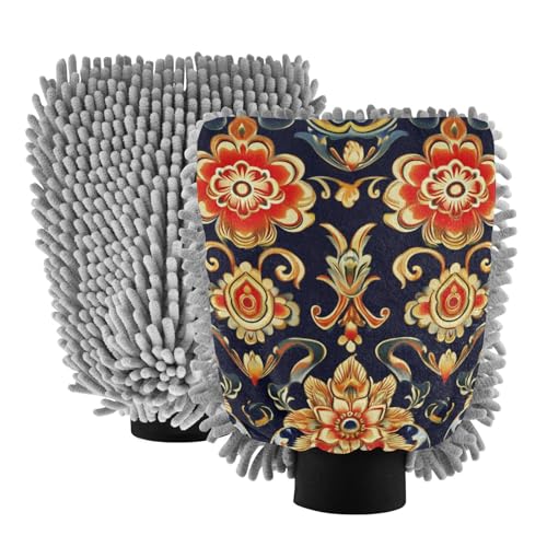 Guantes de lavado de coche con diseño floral dorado de estilo asiático, guantes de lavado de coche, sin arañazos, esponjas de lavado de coche