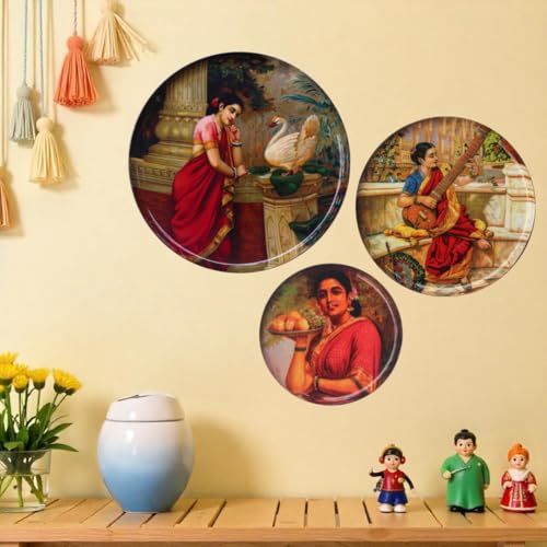 Image of the atrAng Alloy Steel, Carbon Steel Raja Ravi Varma Decorative Wall Plates Set | Vintage Indian Art for Living Room & Home Decor | Hanging Plates for Wall Aesthetic (Set of 3)