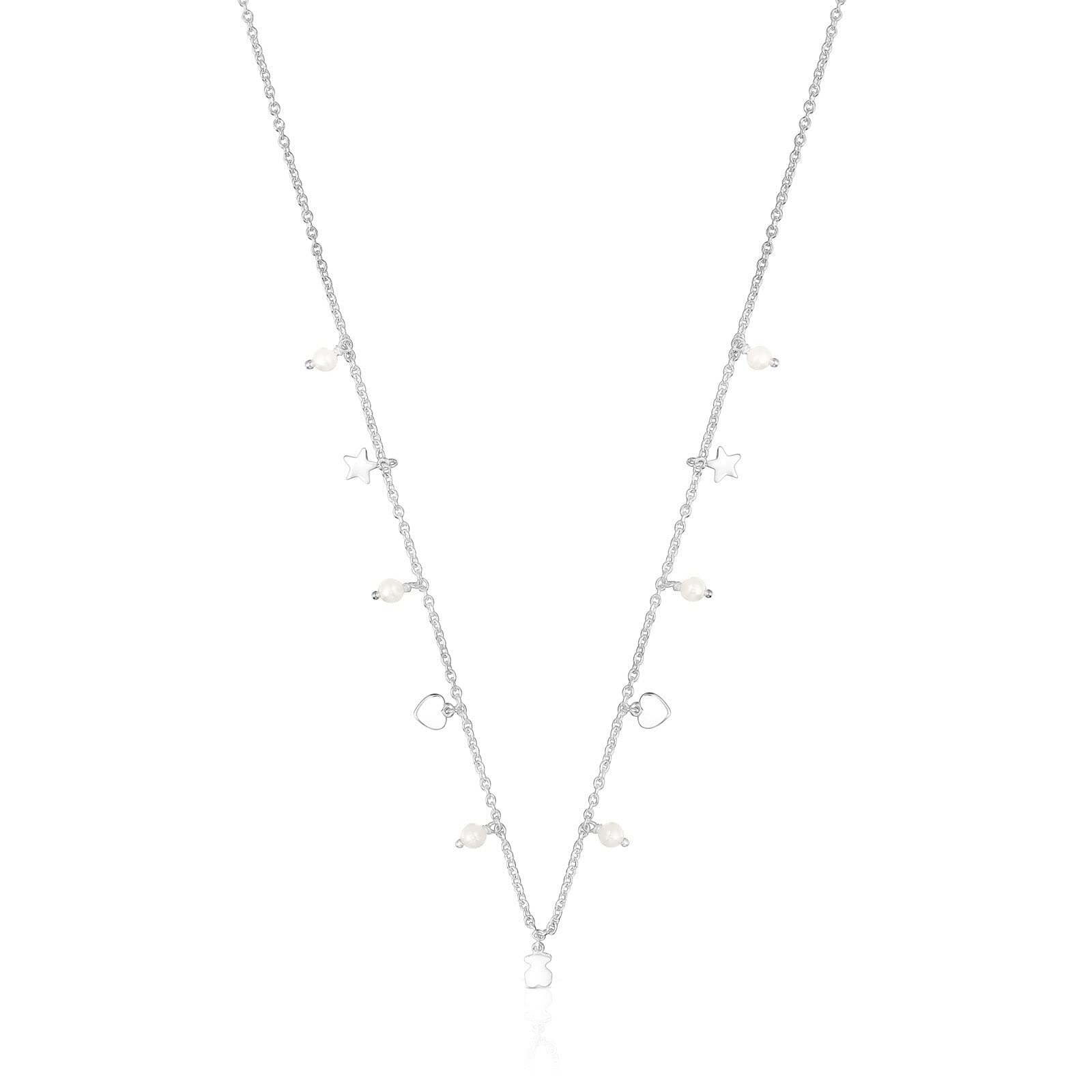 TOUS Collar de Plata de Primera Ley para Mujer con Motivos de Osos, Corazón y Estrella 4mm y Perlas de 3mm, Largo 45 cm, Atemporal y Elegante, Colección Cool Joy