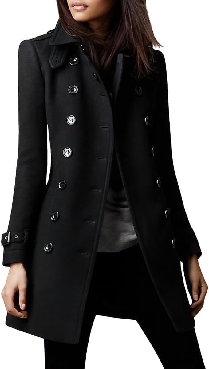Abrigo de Lana de Doble Botonadura de Invierno para Mujer Moda Retro Abrigo de Oficina de Negocios Delgado Elegante clásico Ligero Abrigo de Solapa de Trabajo Informal