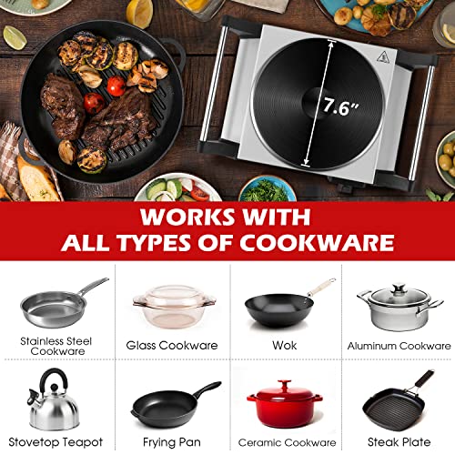 Techwood Hot Plate for Cooking, 1500W Electric Stove Countertop Single Burner with Adjustable Temperature & Stay Cool Handles, 7.5” Cooktop for Home/RV/Camp, Compatible for All Cookwares, Silver