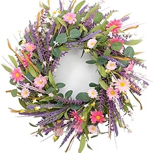 22inch Artificial Spring Summer Wreath Lavender with Colorful FlowersGreen Leaves for Front Door Home Wall Party Decor