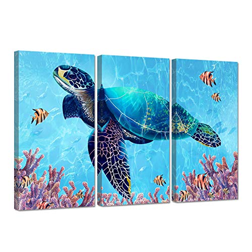 Ihappywall 3 Pieces Turtle Canvas Wall Art Sea Turtle Swimming Underwater Ocean Landscape Artwork Print On Canvas Nautical Bathroom Wall Decor Stretched And Framed Read To Hang 16X32Inchx3Pcs #TOP24