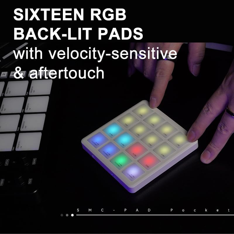 Close-up of SMC PAD Pocket pads with various RGB backlighting, showing hands interacting with them