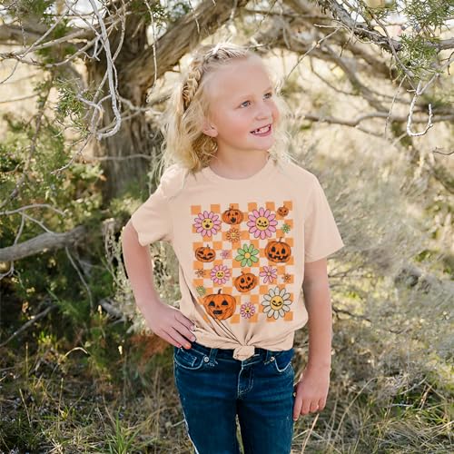 Girls Halloween Shirt Pumpkin Flower Face Checkered T-Shirt Kids Crewneck Short Sleeve Spooky Season Gift Tee Tops4