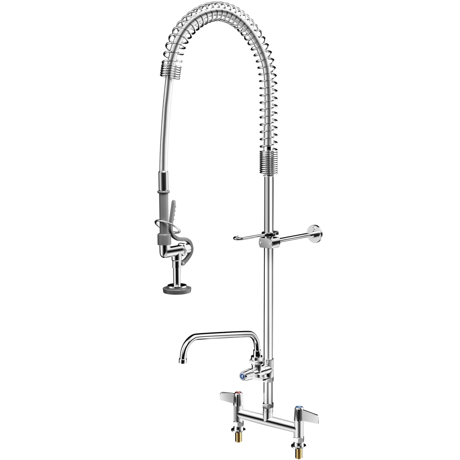 Taimiko Silver Commercial Pre-Rinse Faucet Spray Arm Pull Out Flexible Hose Mixer Faucet Sink Stainless Steel Kitchen Wall-Mount Tap (Twin Pedestal)