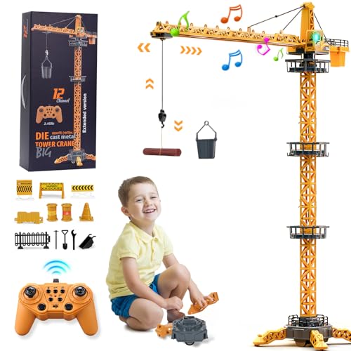 JONRRYIN Ferngesteuerte Turmkran, 12 Kanäle 2,4 Hz RC Turmdrehkran, 680 Grad Rotation Ferngesteuerte Tower Crane mit Lichter Geräusche und Verkehrsschilder Set für Kinder