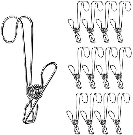 12 Stainless Steel Clothespins with Hooks, Metal Spring Clips with Hooks, Universal Hanging Clips for Offices, Kitchens and Bathrooms