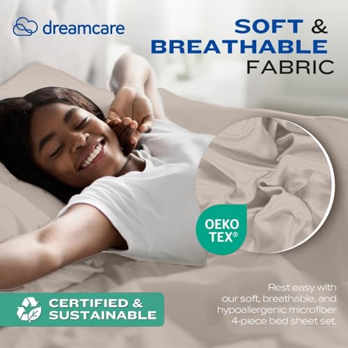 Image of DREAMCARE Full Size Sheets - Cooling Sheets - 4pcs Set - up to 15 inch Deep Pocket Full Sheet Set - Sheets Full Size Bed - Soft & Long Lasting 100% Fine Brushed Polyester with Side Pocket - Beige