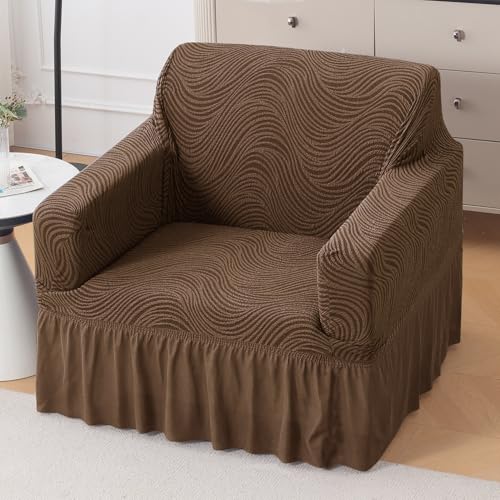 Image of HOKIPO 240 GSM Premium Jacquard Fully Covered Stretchable Frill Sofa Cover for 1 Seater, 'Serene Wave Series' Pecan Brown (AR-6352-BR)