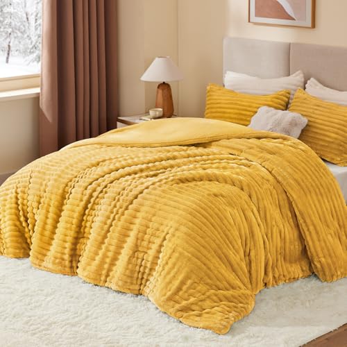 BEDELITE Fleece Full Comforter Set -Super Soft & Warm Fluffy Mustard Yellow Bedding, Luxury Fuzzy Heavy Bed Set for Winter with 2 Pillow Cases
