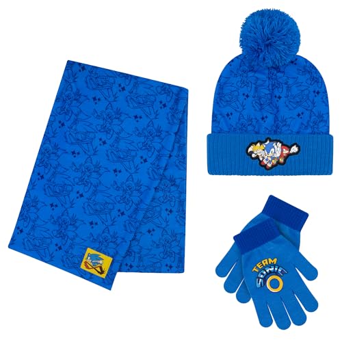 Image of Sonic The Hedgehog Winter Hat and Gloves Set - Blue Sonic Hat for Boys Ages 5-13 - Winter Hat with Scarf and Glove Set