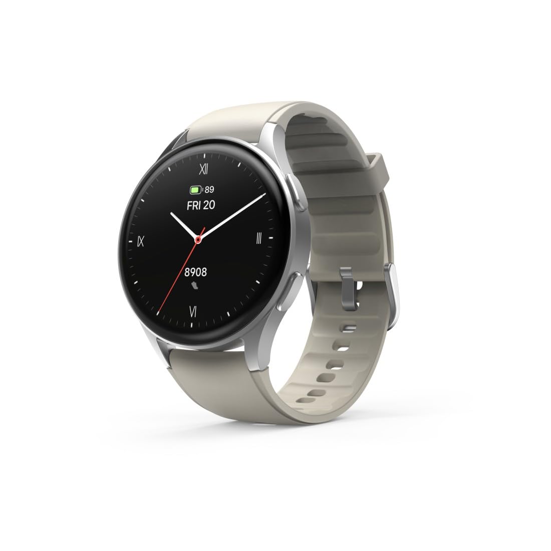 Hama Smartwatch GPS (zegarek inteligentny, smart, AMOLED 1.3, Bluetooth, wodoodporny, ładowanie magnetyczne, always-on, silikonowy pasek, srebrna koperta, 1,32", rozmowy) beżowy